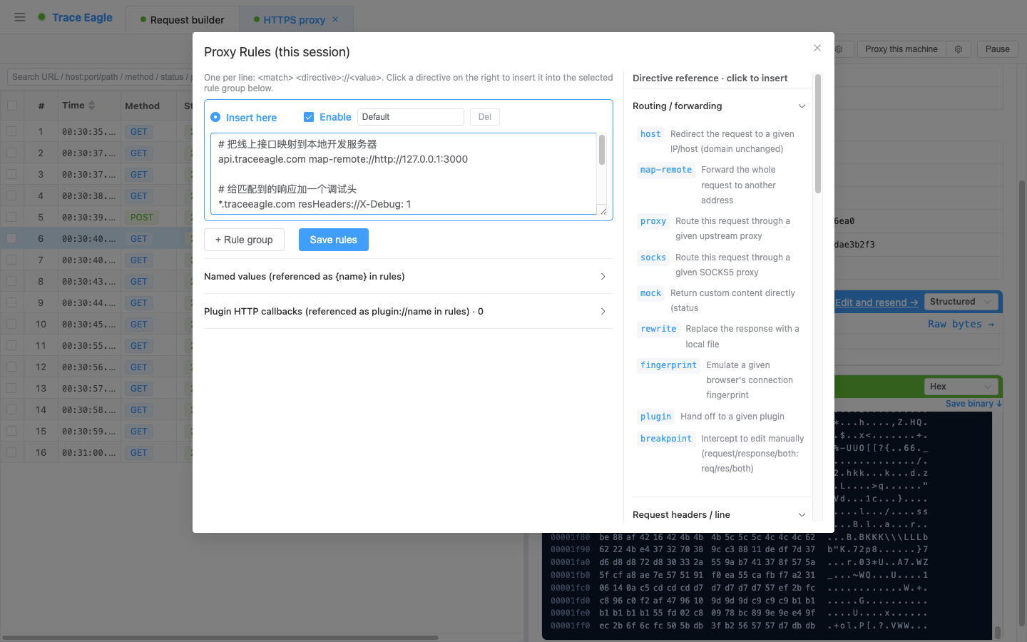 Rewrite-Regeln: links eine Regel pro Zeile, mit Unterstützung für Gruppen und Kommentare, rechts ein klickbarer Aktions-Spickzettel (Umleiten / Mocken / Header bearbeiten / Fingerprint / Breakpoint usw.)