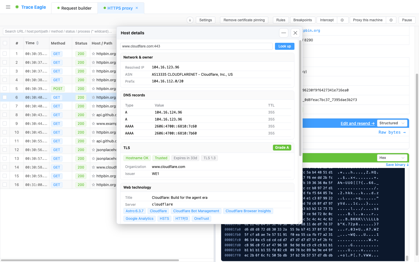 Dossier dell’host: informazioni sulla proprietà (IP / ASN / prefisso di rotta), record DNS, controllo del certificato TLS (voto A) e stack tecnologico web tutti su una sola schermata