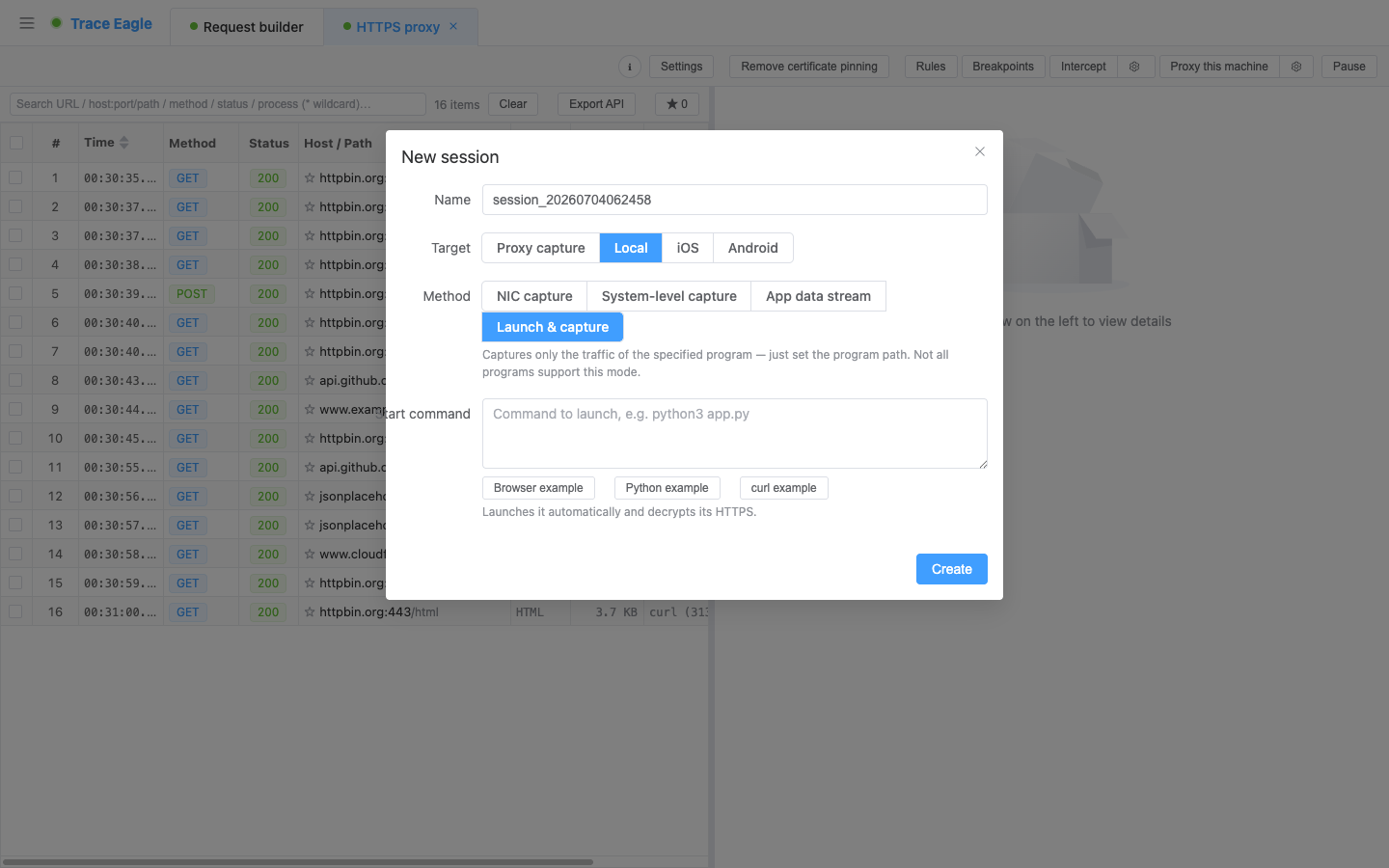 Nuova sessione · Cattura per processo: inserisci un comando di avvio e lo strumento fa partire il programma per te, cattura soltanto quello e lo decifra in automatico; sono integrati esempi con un clic per browser / Python / riga di comando