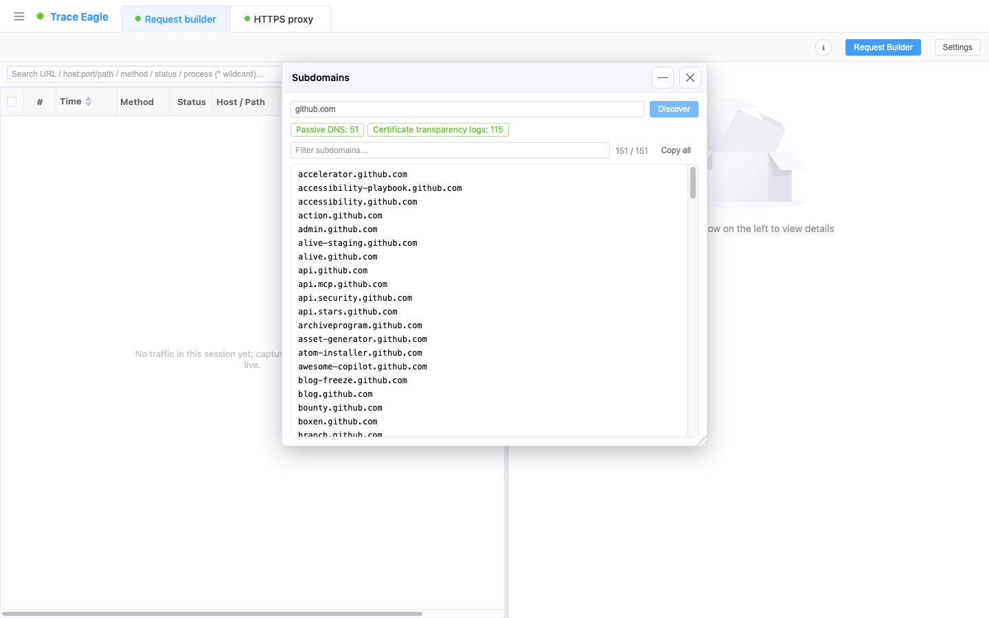 Descubrimiento de subdominios: agrega fuentes de inteligencia pública como los registros de transparencia de certificados y el DNS pasivo (cada una con un recuento de aciertos), deduplica y ordena, luego lista los subdominios, con filtrado en tiempo real y copia con un clic