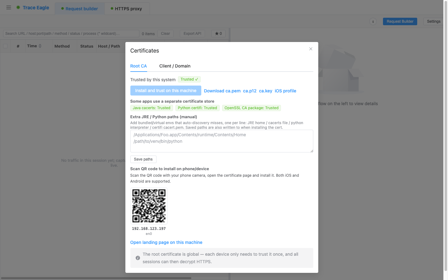 Gestione dei certificati: installazione con un clic dello stato di attendibilità della macchina, download in vari formati, copertura completa degli archivi di attendibilità indipendenti come Java / Python / OpenSSL, e generazione di un QR-code per l’installazione sul telefono