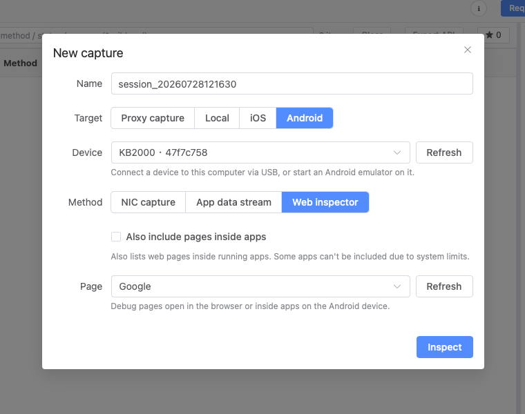 Trace Eagle new-capture dialog with Android selected and the Web inspector method, listing debuggable pages on the connected device
