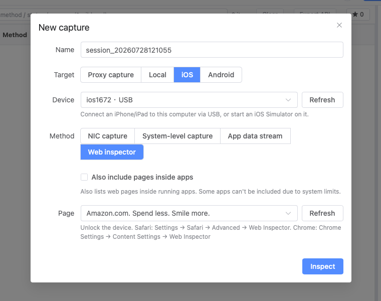 Trace Eagle new-capture dialog with iOS selected and the Web inspector method, listing debuggable pages on the connected iPhone