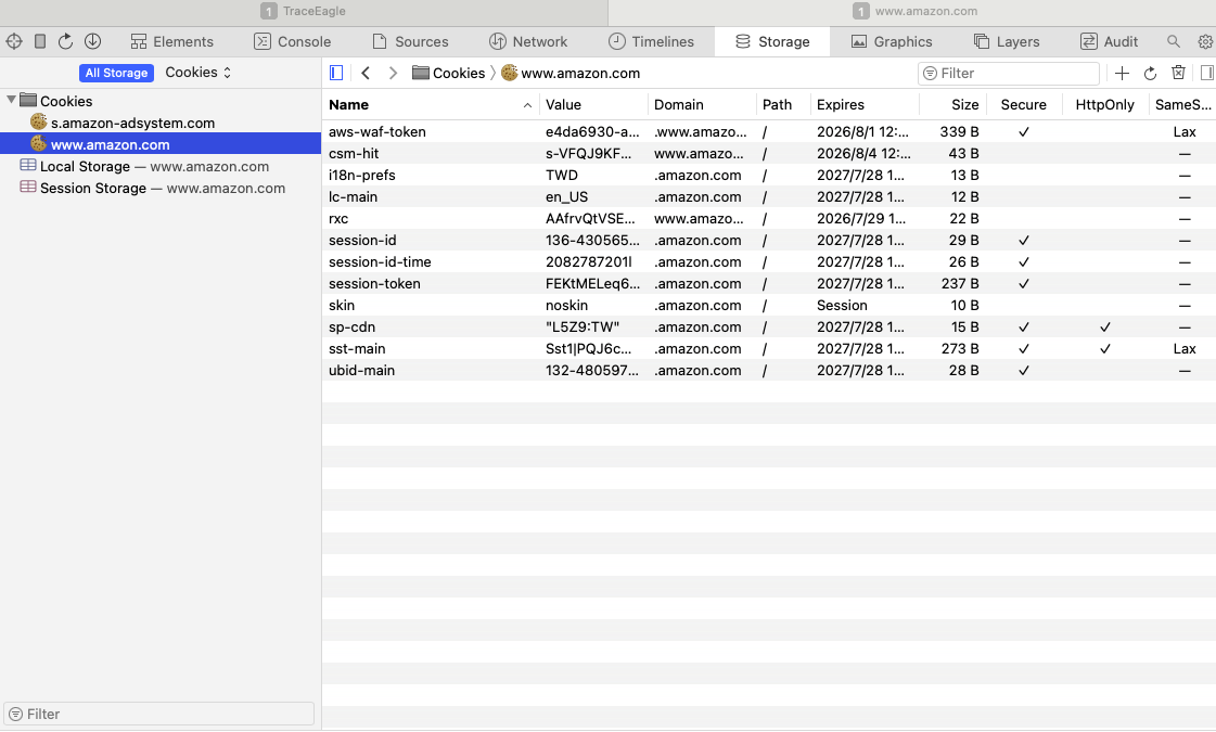 Storage panel showing cookies for a site open on an iPhone, with value, domain, expiry, Secure, HttpOnly and SameSite columns