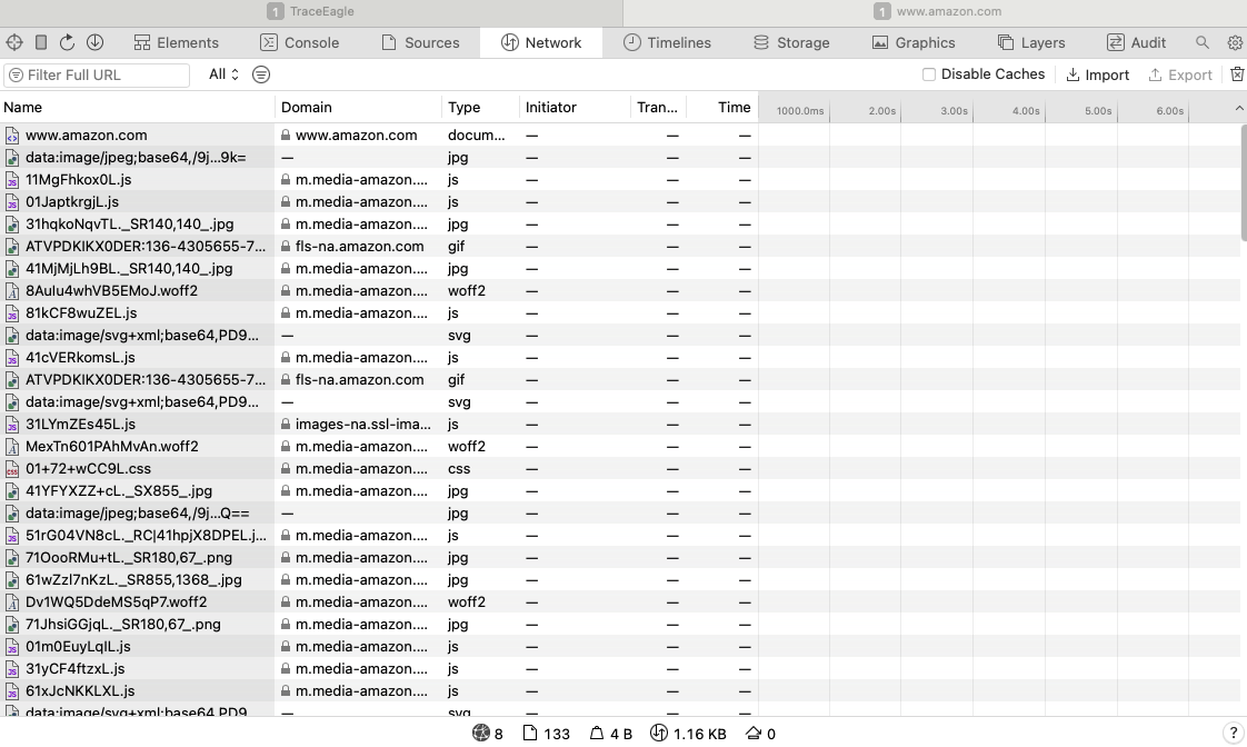Web inspector network panel for a page open on an iPhone, listing resources by domain and type